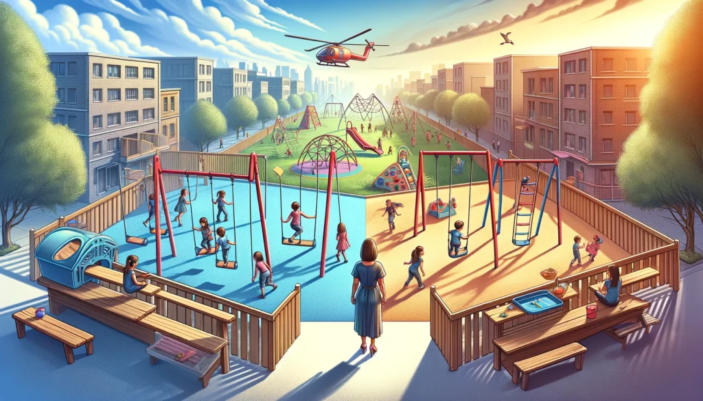 Helikopter-Mutter überwacht ihr Kind im Spielplatz