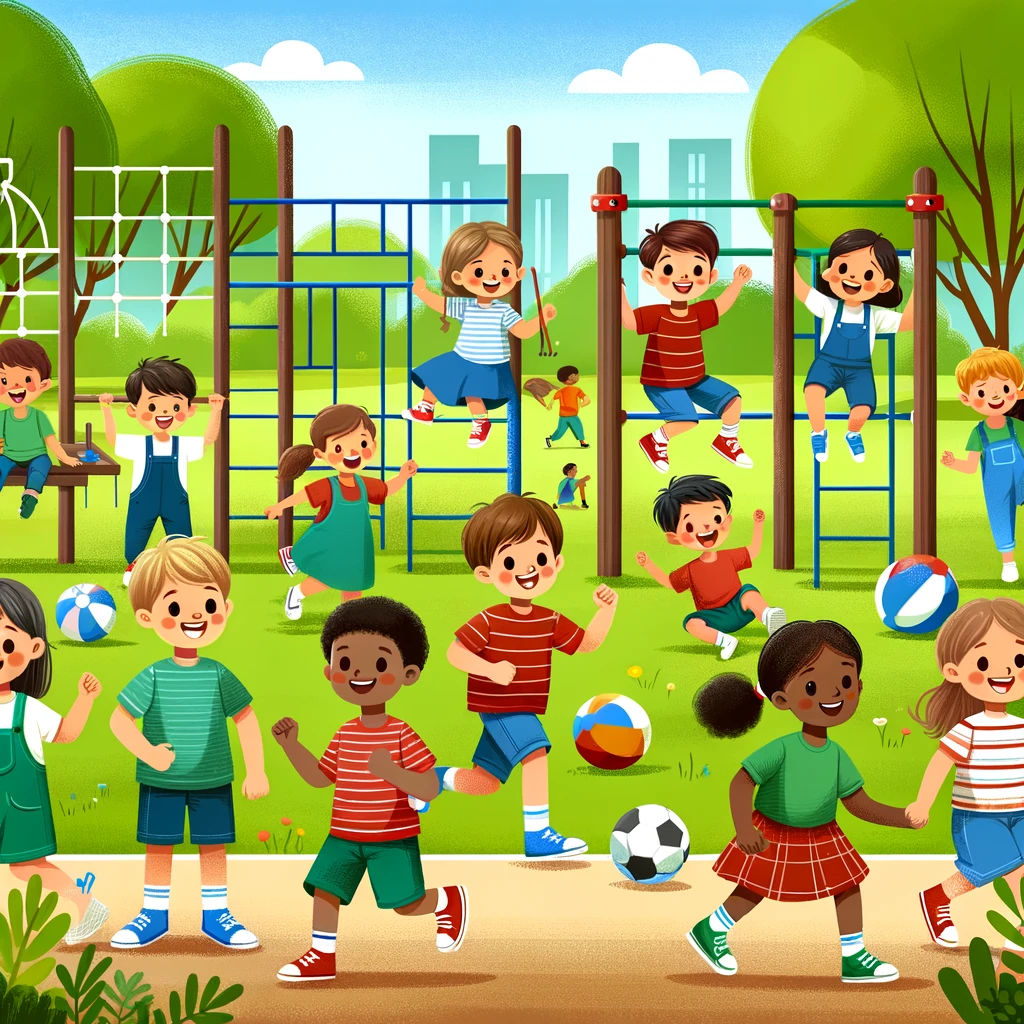 Eine Gruppe fr&ouml;hlicher Kinder unterschiedlichen Alters, die im Freien in einem Park spielen -Grobmotorik bei Kindern