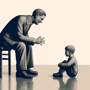 Ein Vater, der streng mit seinem Kind spricht, symbolisiert autoritäre Erziehung und dessen mögliche psychische Folgen.