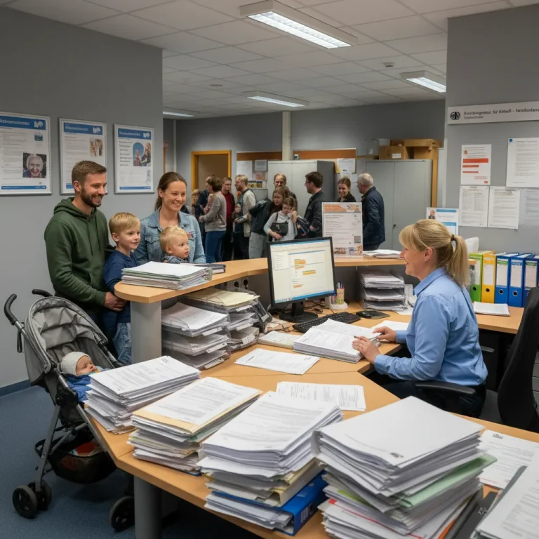 Eine Familie mit Kindern sitzt in einer Familienkasse vor einer Sachbearbeiterin am Schreibtisch und stellt einen Antrag auf Kindergeld.