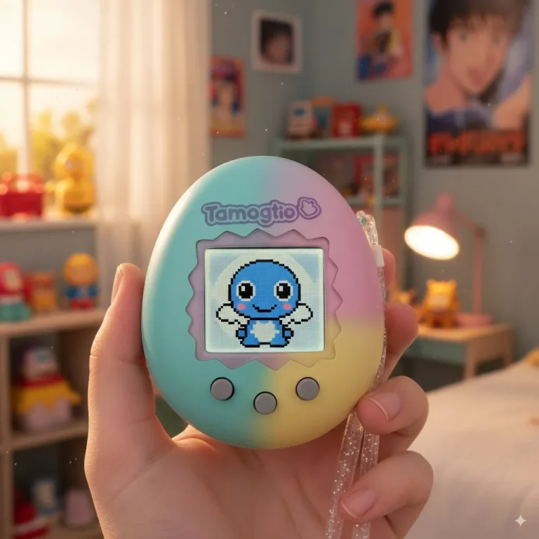Hand hält ein buntes Tamagotchi mit digitalem Haustier im Display, im Hintergrund ein Kinderzimmer mit Spielzeug.