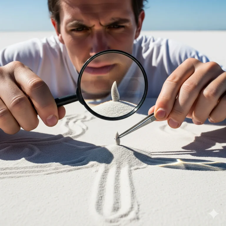 Mann betrachtet ein einzelnes Sandkorn mit Lupe und Pinzette, Symbol für Perfektionismus und Detailversessenheit.