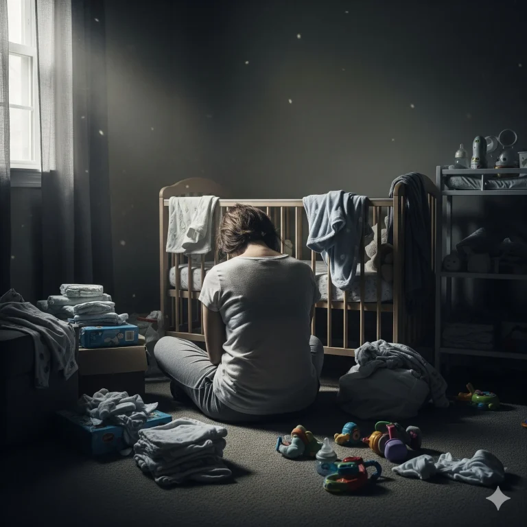 Erschöpfte Mutter sitzt traurig im Kinderzimmer vor dem Babybett – Symbolbild für Wochenbettdepression und Überforderung nach der Geburt