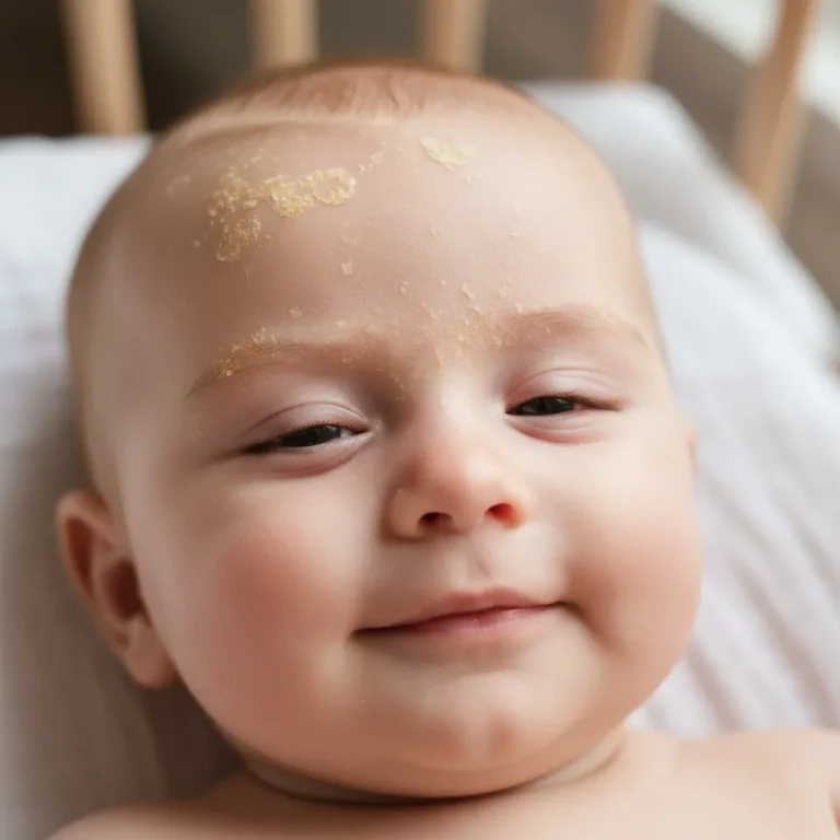 Baby mit sichtbarem Milchschorf auf der Stirn, gelbliche Schuppen als typische Hautveränderung im ersten Lebensjahr