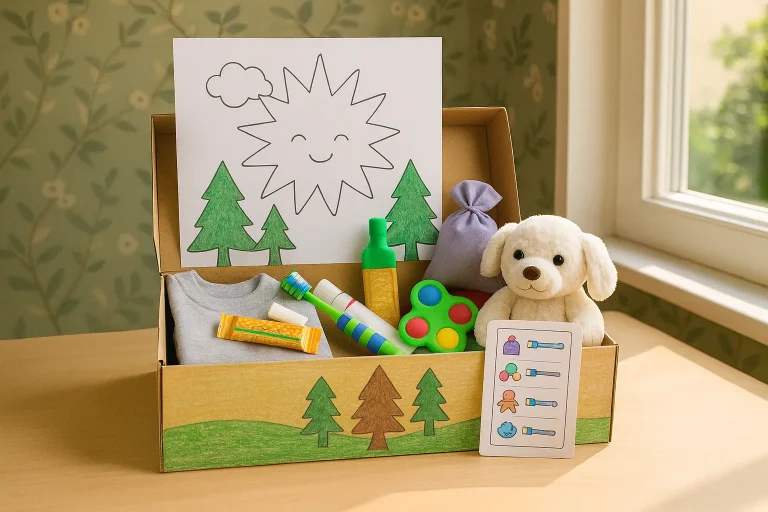 Schuhkarton Aufgaben mit „Zauberwald“-Zeichnung am Fenster; T-Shirt, Zahnbürste & Zahnpasta, Snack-Riegel, Lavendelduftsäckchen, Fidget-Spiel, Kuscheltier und Checkliste.