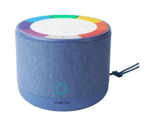 Wobie Box – blauer Kinderlautsprecher mit sieben farbigen Tastenring, Spotify-fähige Audiobox mit Trageschlaufe auf weißem Hintergrund.