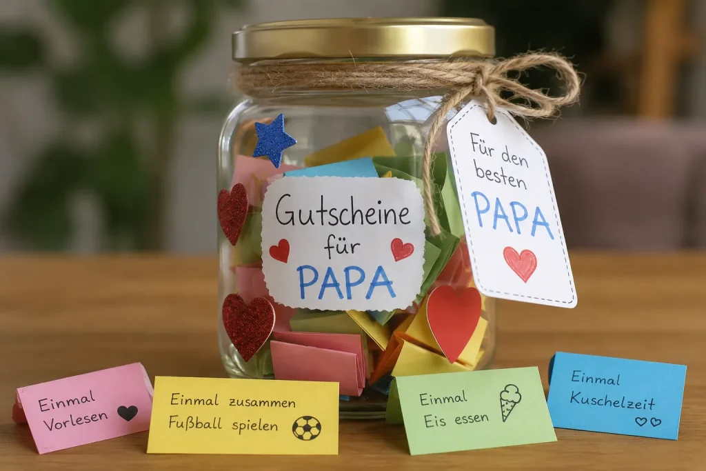 Selbst gebasteltes Gutschein-Glas für Papa mit bunten Zetteln, Herzen und kleinen Familien-Gutscheinen wie Vorlesen, Fußball spielen und Kuschelzeit.