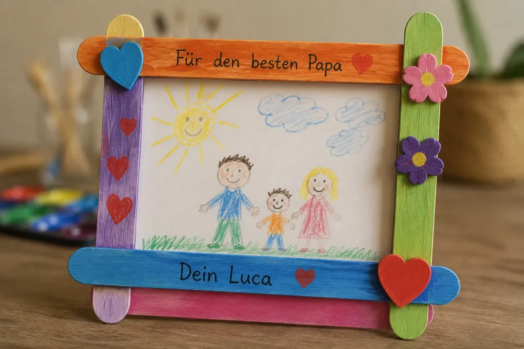 Selbst gebastelter Bilderrahmen aus bunten Eisstielen mit Kinderzeichnung als Vatertagsgeschenk