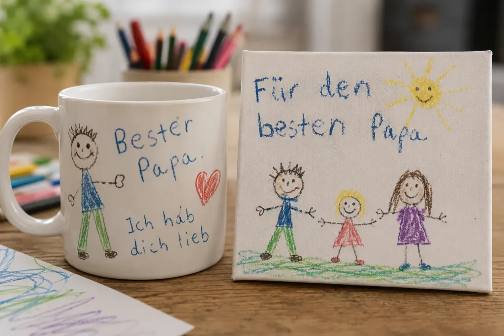 Grundschulkind schreibt eine persönliche Botschaft für Papa auf eine selbst gebastelte Vatertagskarte.