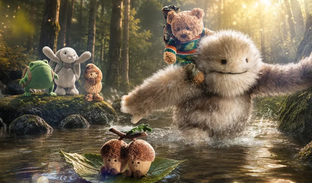 Jellycat Kuscheltiere erleben gemeinsam ein Abenteuer im Wald und überqueren einen Bach