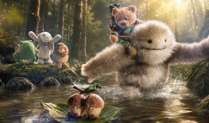 Jellycat Kuscheltiere erleben gemeinsam ein Abenteuer im Wald und überqueren einen Bach