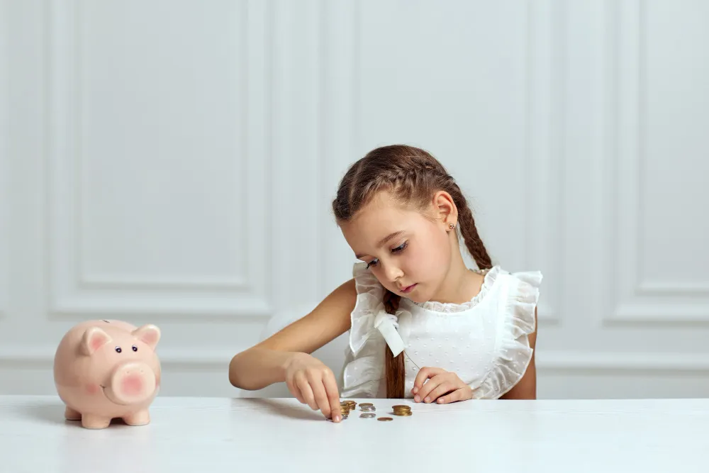 Mädchen zählt Münzen neben einem Sparschwein – Symbolbild zur Frühstartrente