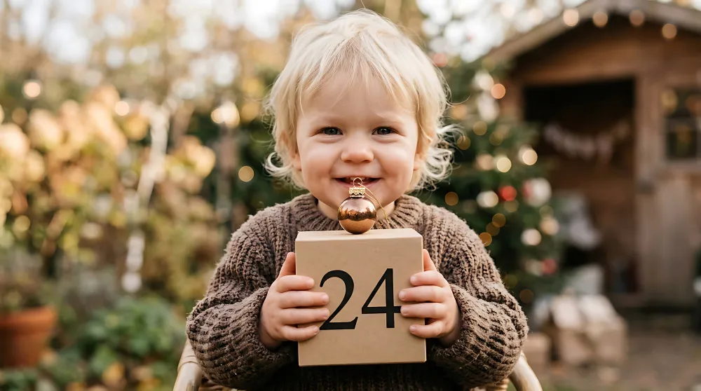 Fröhliches Kleinkind hält ein Geschenk mit der Zahl 24 vor weihnachtlichem Hintergrund.