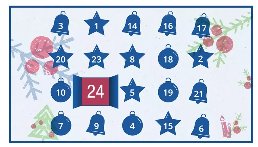 Blauer Engel Adventskalender mit blauen Sternen, Glocken und Weihnachtskugeln sowie einem roten Türchen mit der Zahl 24.