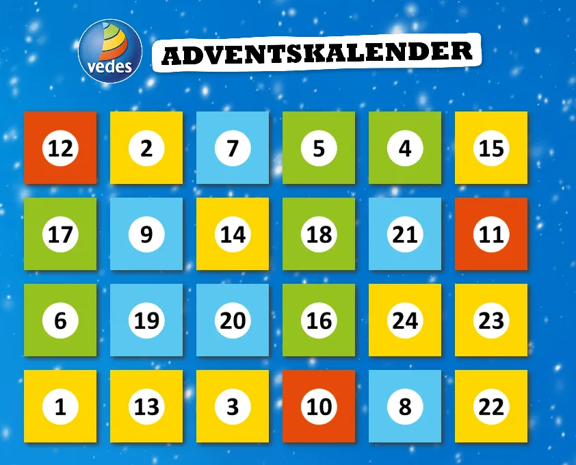 VEDES Adventskalender mit 24 bunten Türchen auf blauem, winterlichem Hintergrund.
